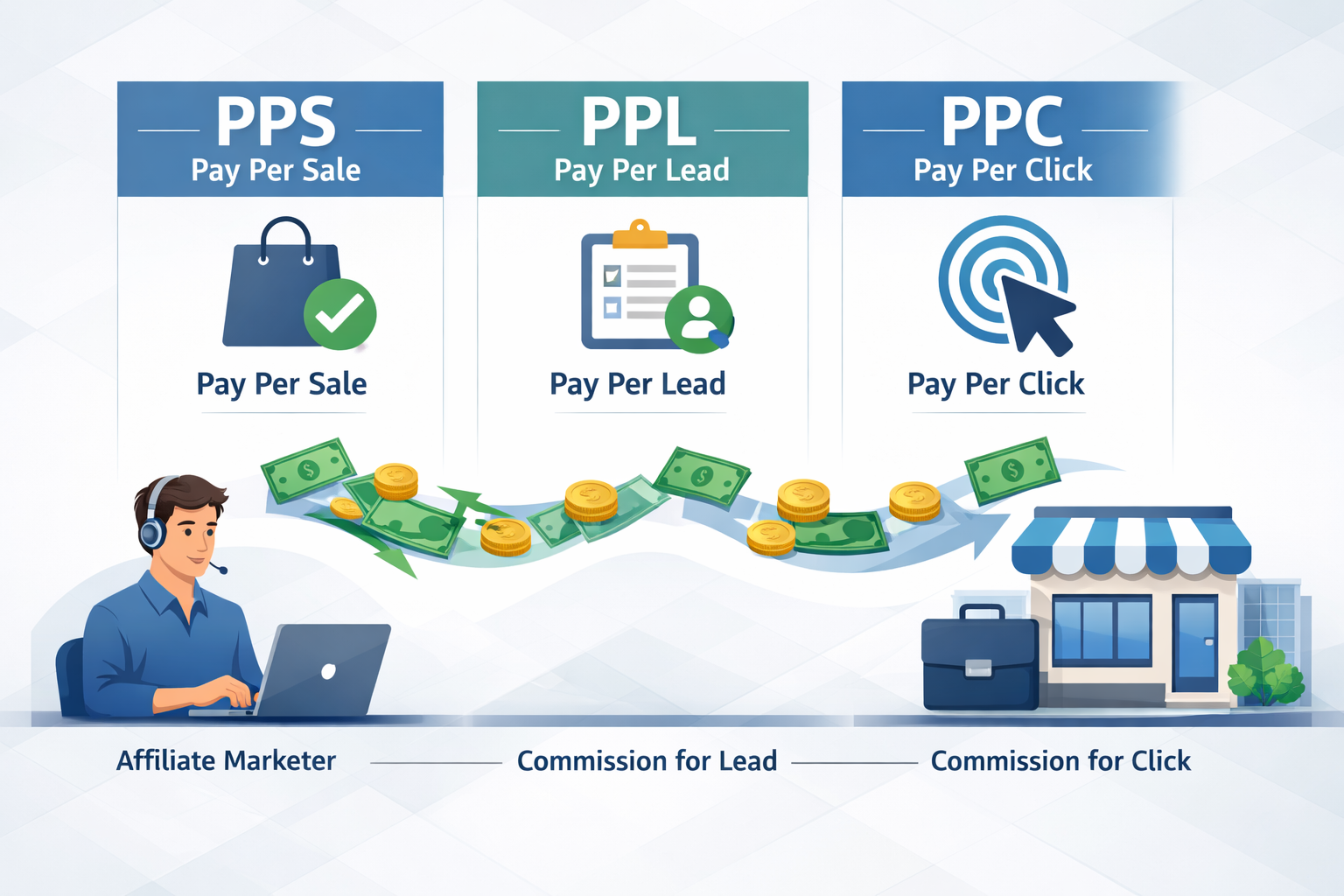 Affiliate payment models illustration showing PPS, PPL, and PPC