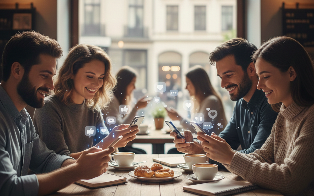 Group of diverse people sitting at a table reviewing social media analytics and engagement metrics on their mobile devices