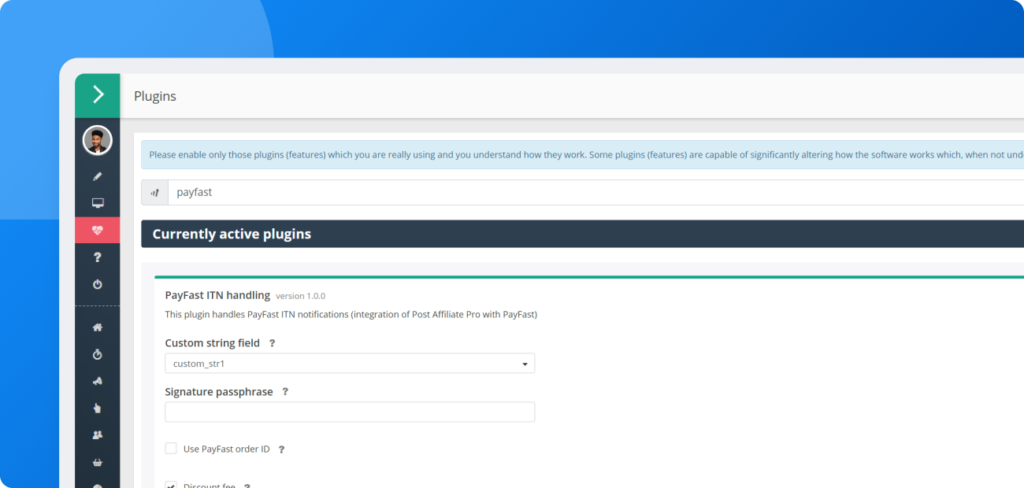 Configuration screen showing PayFast ITN handling plugin activation and configuration in Post Affiliate Pro