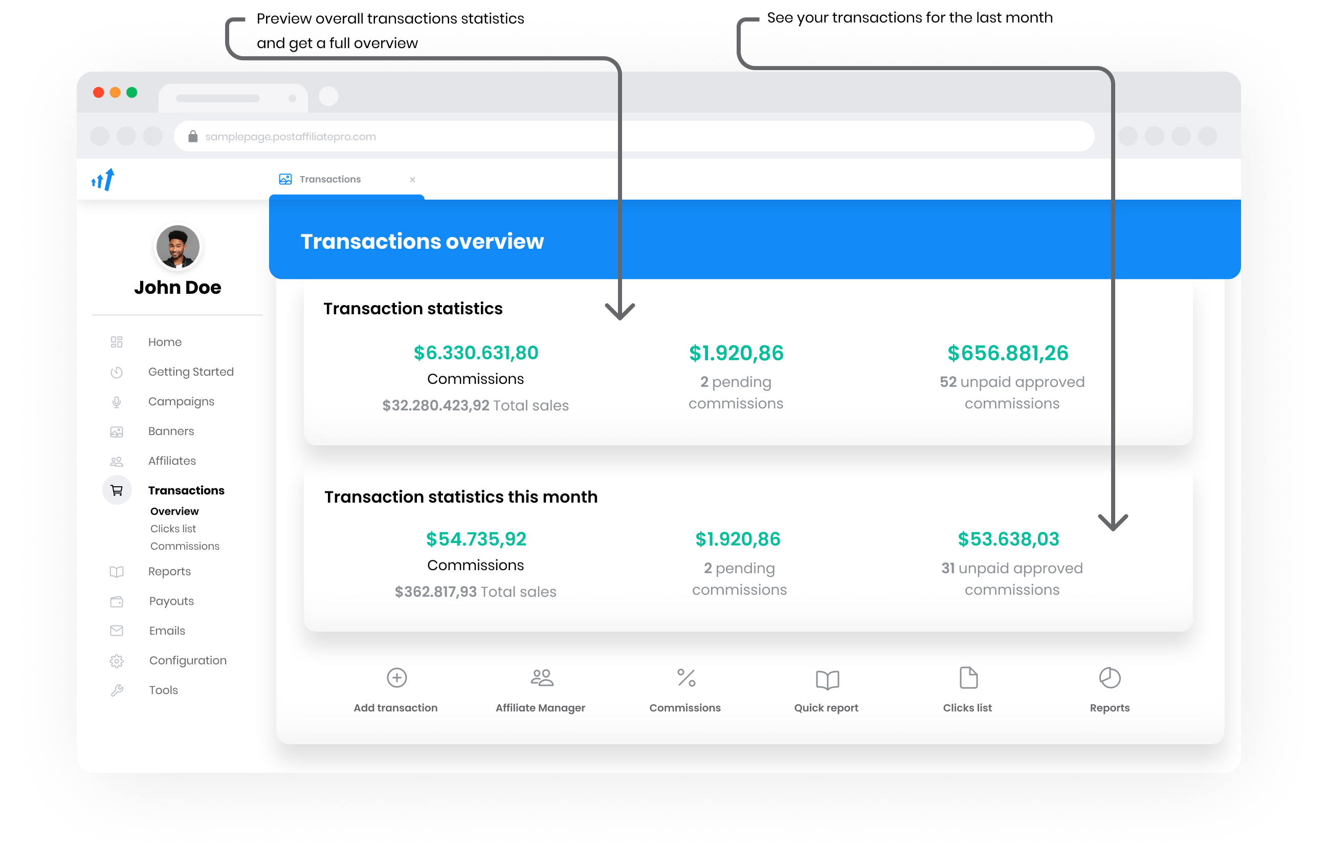Transactions overview in Post Affiliate Pro