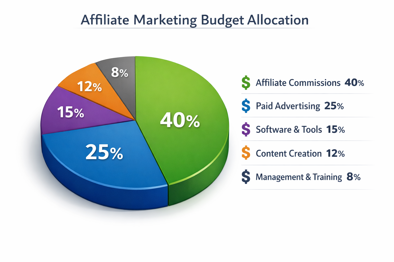 Budget allocation pie chart showing recommended investment distribution across affiliate marketing channels