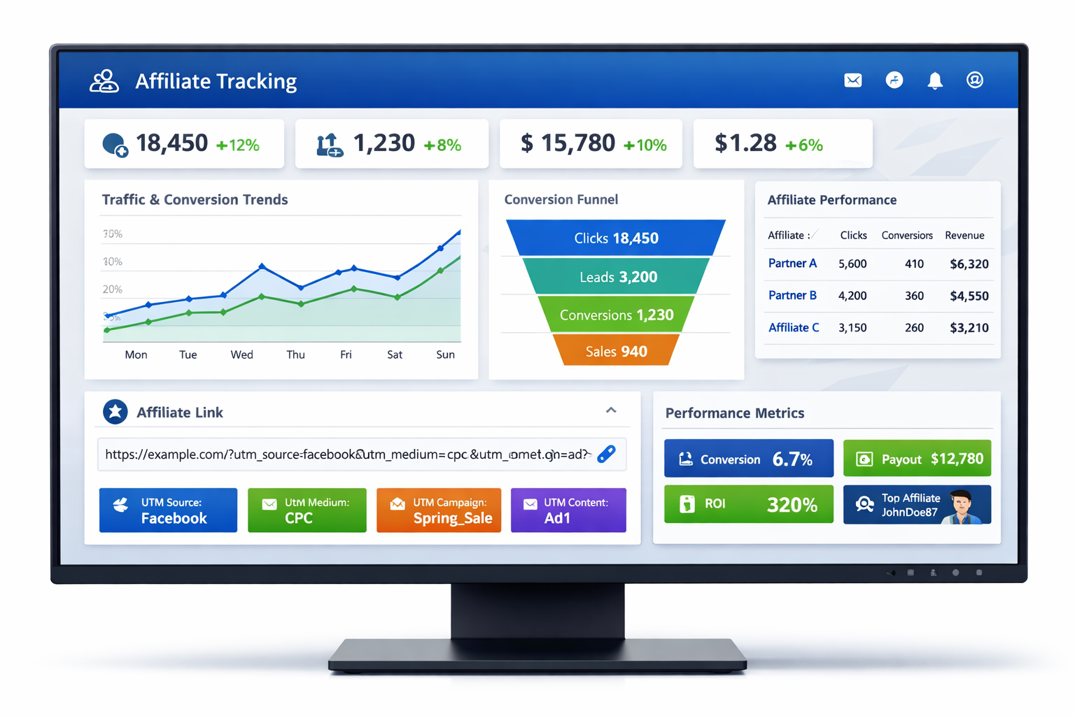 Professional analytics dashboard showing affiliate tracking data with conversion metrics and performance indicators