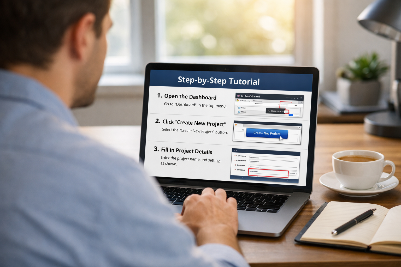Professional workspace with person following step-by-step tutorial on laptop