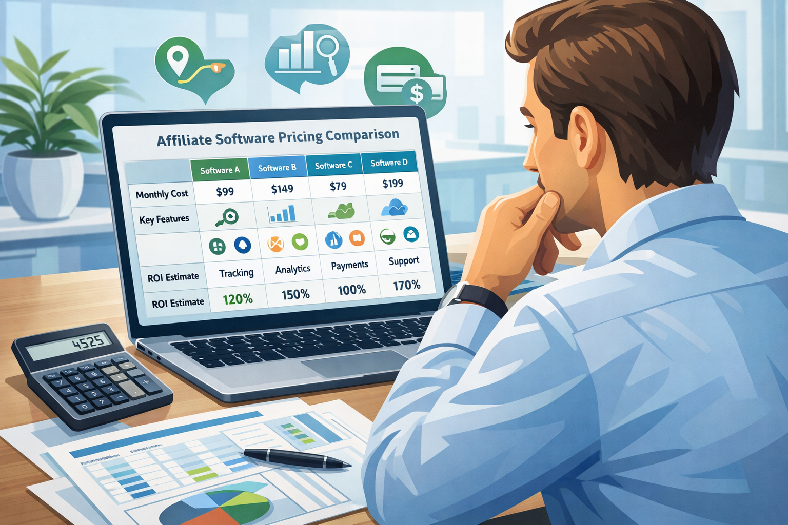 Business professional analyzing affiliate software pricing comparison on computer screen