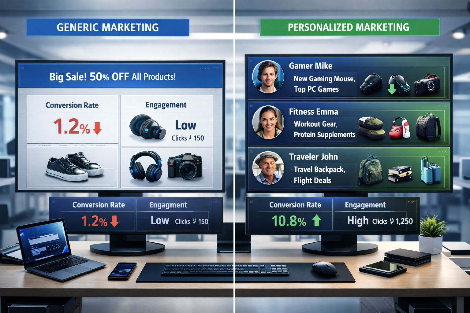 Digital marketing dashboard showing personalized content recommendations with split-screen comparison of generic vs personalized marketing approaches