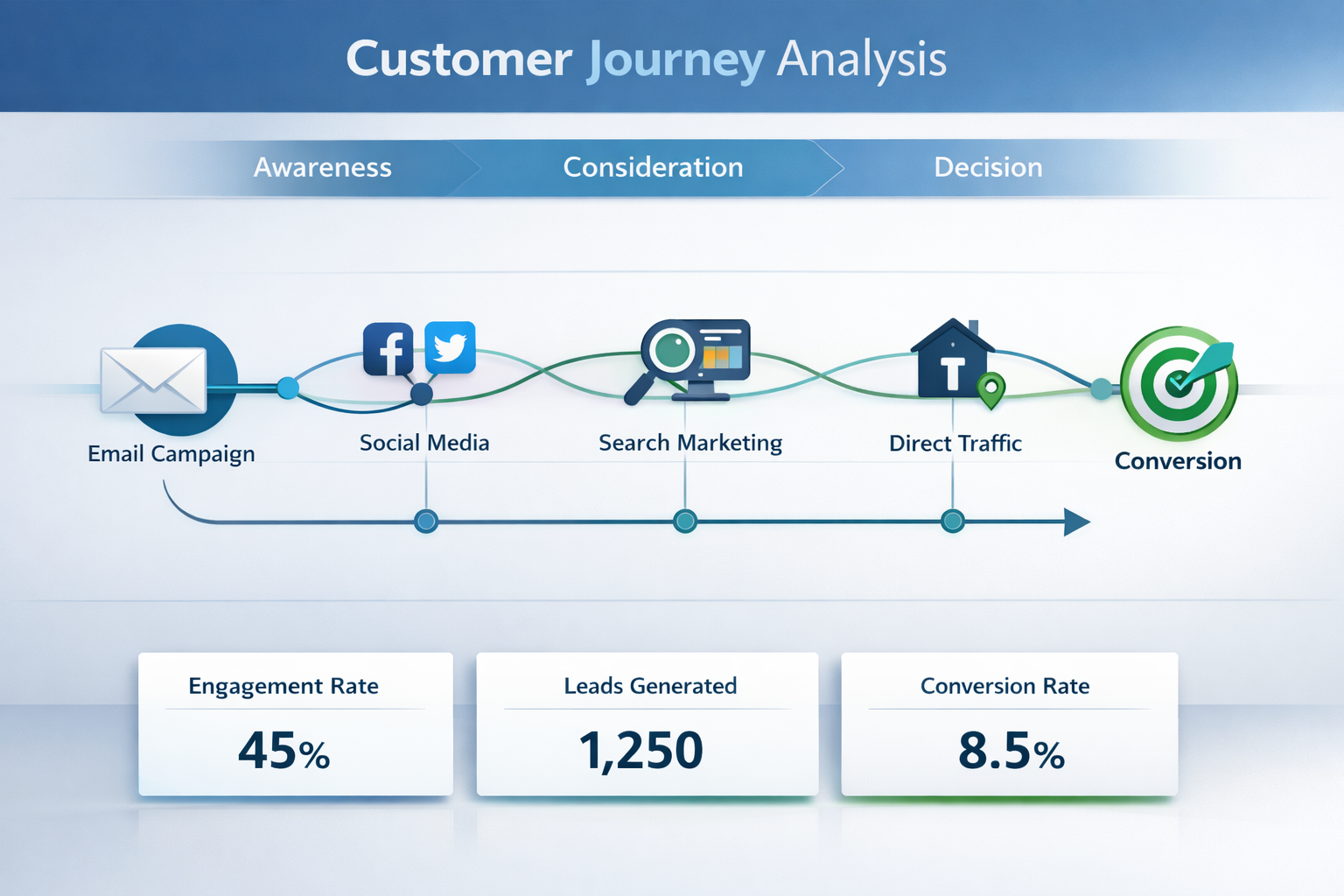Customer journey visualization showing multiple touchpoints across marketing channels