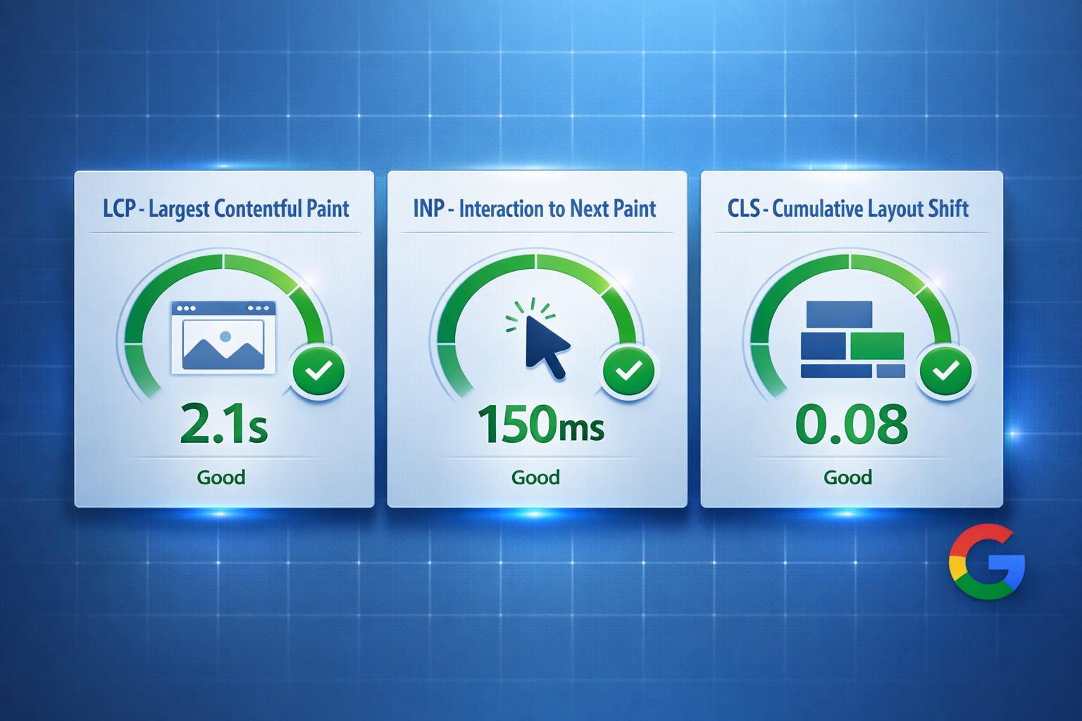Core Web Vitals metrics dashboard showing LCP, INP, and CLS measurements
