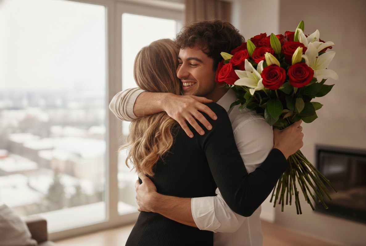 A woman holding flowers hugging a man