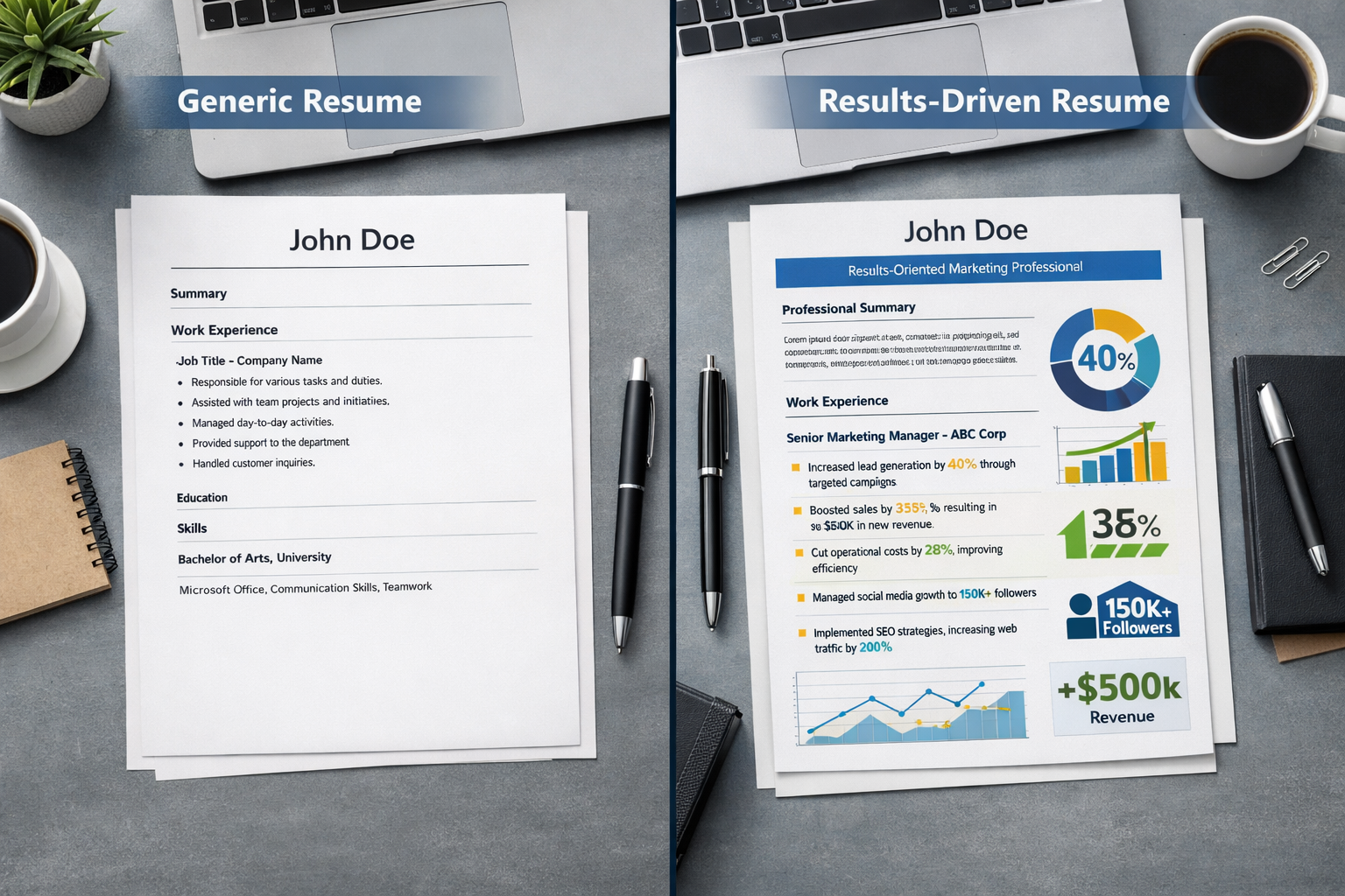 Resume comparison showing metrics-rich resume versus generic resume