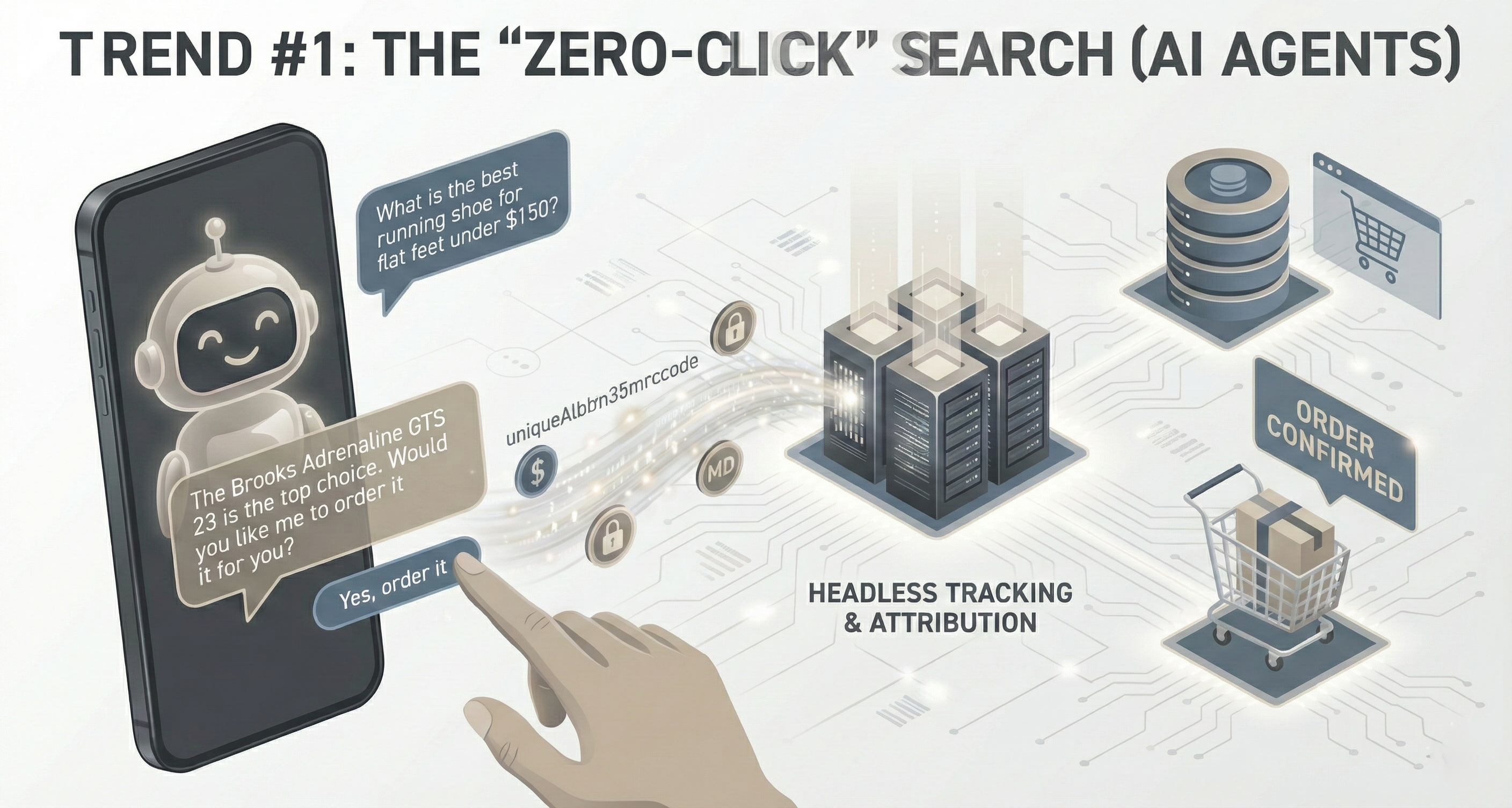 AI chatbot interface showing a zero-click search example where an AI agent directly answers a user's product question without requiring them to click through to search results