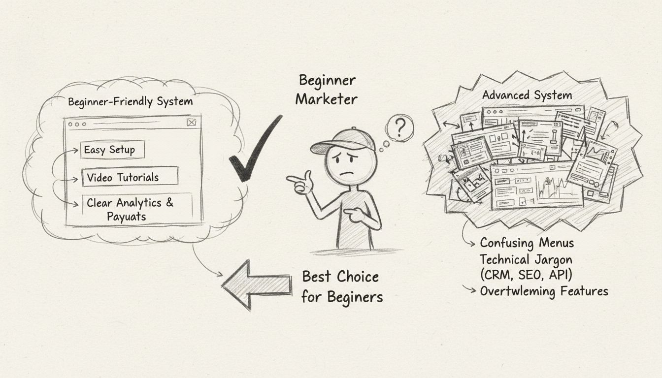Hand-drawn diagram comparing beginner-friendly affiliate management systems on the left with simple setup and clear features versus complex advanced systems on the right with overwhelming features, showing a beginner choosing the simple option