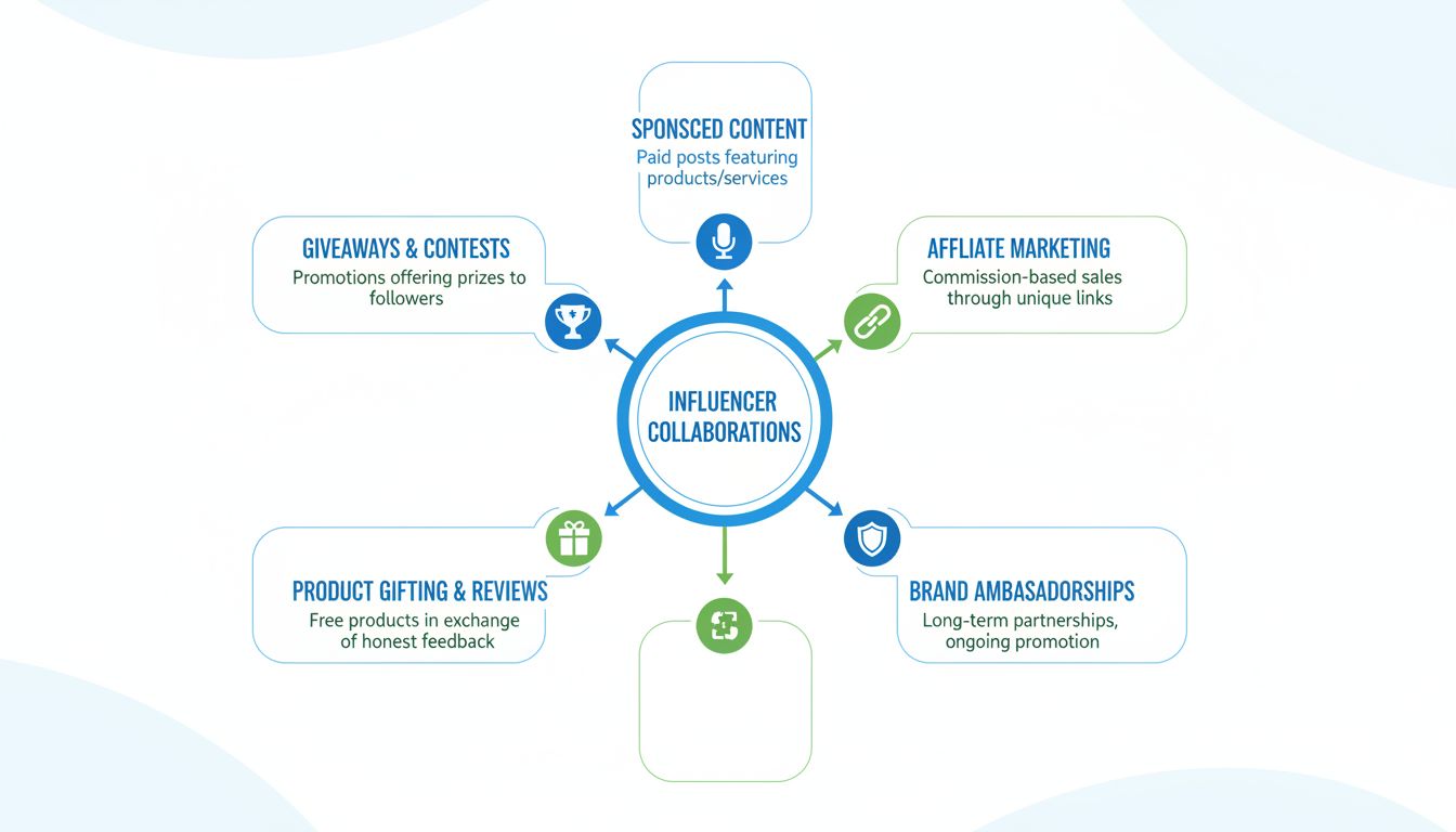 Infographic showing 5 types of influencer collaborations: Sponsored Content, Affiliate Marketing, Brand Ambassadorships, Product Gifting and Reviews, and Giveaways and Contests