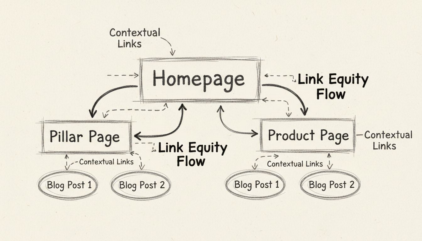 Hand-drawn diagram showing internal linking structure with homepage connected to pillar pages, blog posts, and product pages with link equity flow arrows