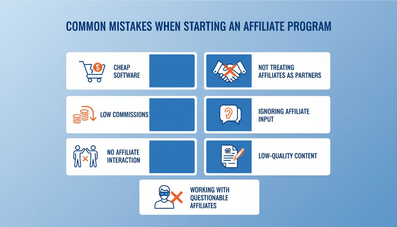 Common mistakes when starting an affiliate program infographic showing 7 key errors