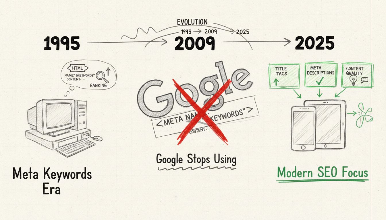 Evolution of meta keywords from 1995 to 2025 showing the transition from meta keywords era to modern SEO focus with title tags and content quality