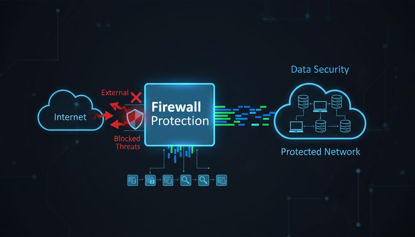 Firewall architecture diagram showing network protection against data breaches with blocked threats and protected internal network