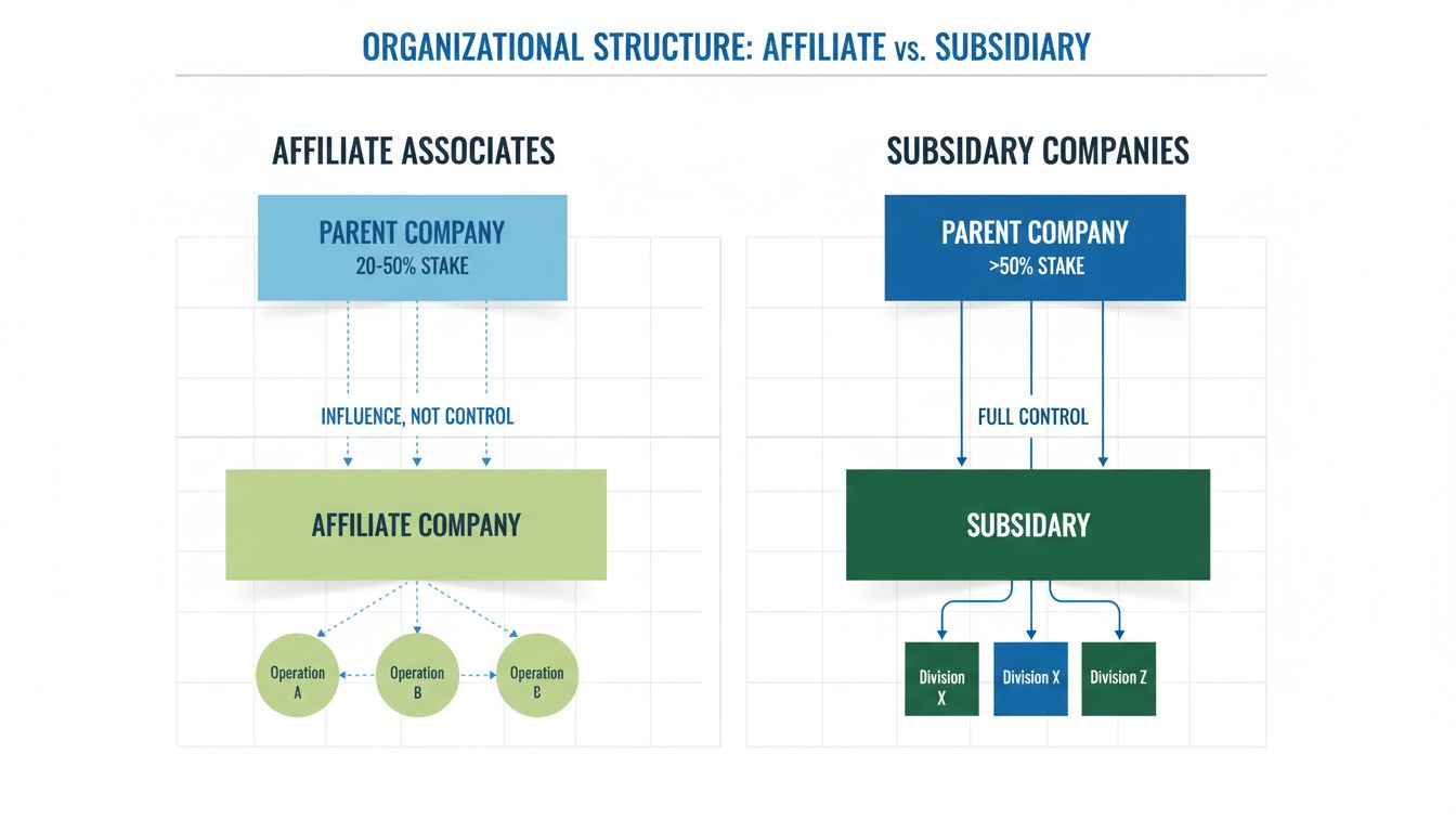 Organizational structure diagram comparing affiliate associates (20-50% ownership with dotted influence lines) versus subsidiary companies (>50% ownership with solid control lines)