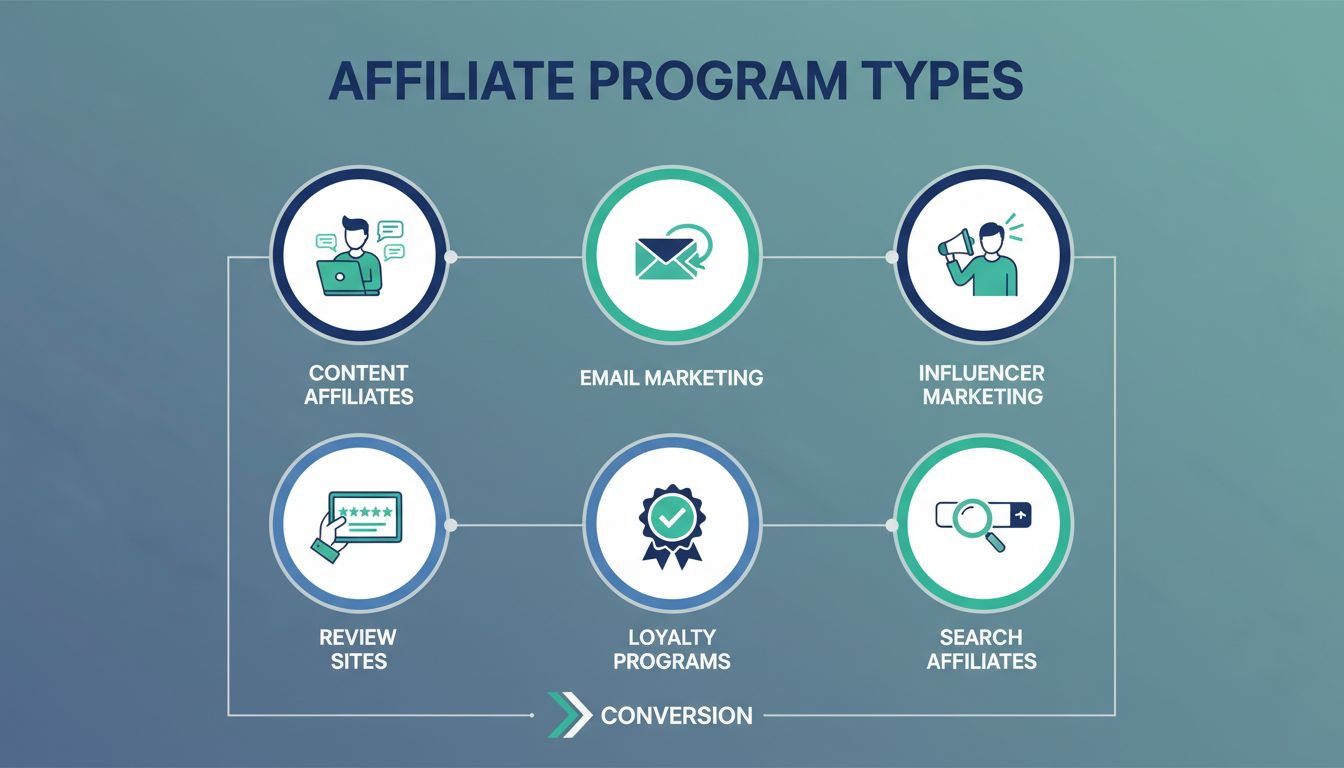 Infographic showing different types of affiliate programs including content affiliates, email marketing, influencer marketing, review sites, loyalty programs, and search affiliates