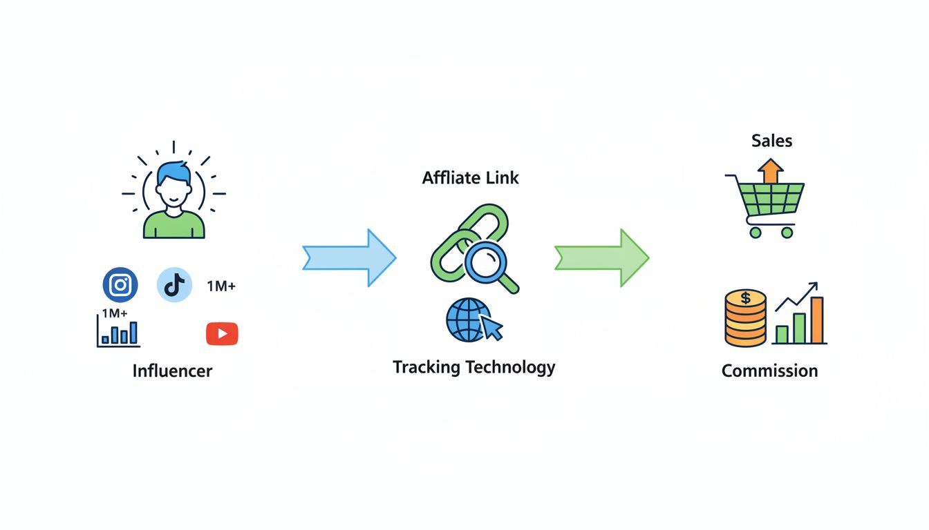 Influencer affiliate marketing ecosystem showing influencer, affiliate link, sales conversion and commission flow