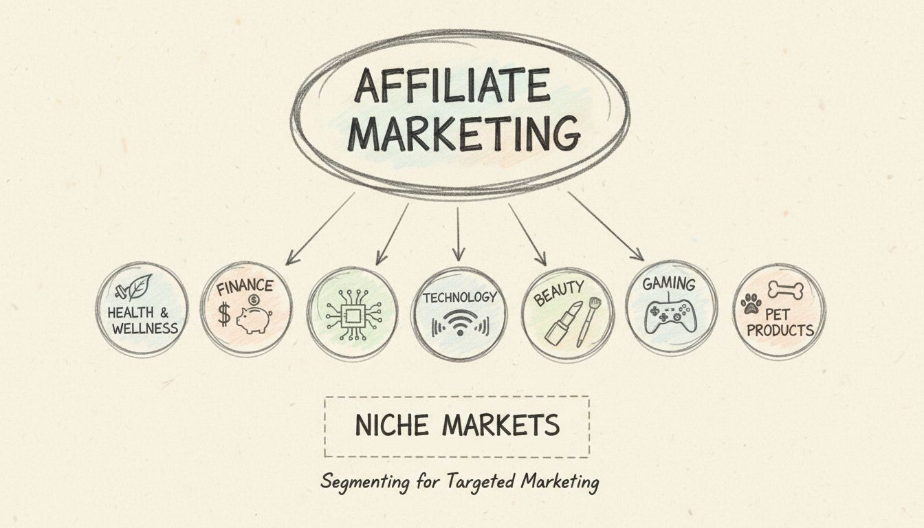 Affiliate marketing niche segmentation diagram showing how a broad market divides into focused niche areas