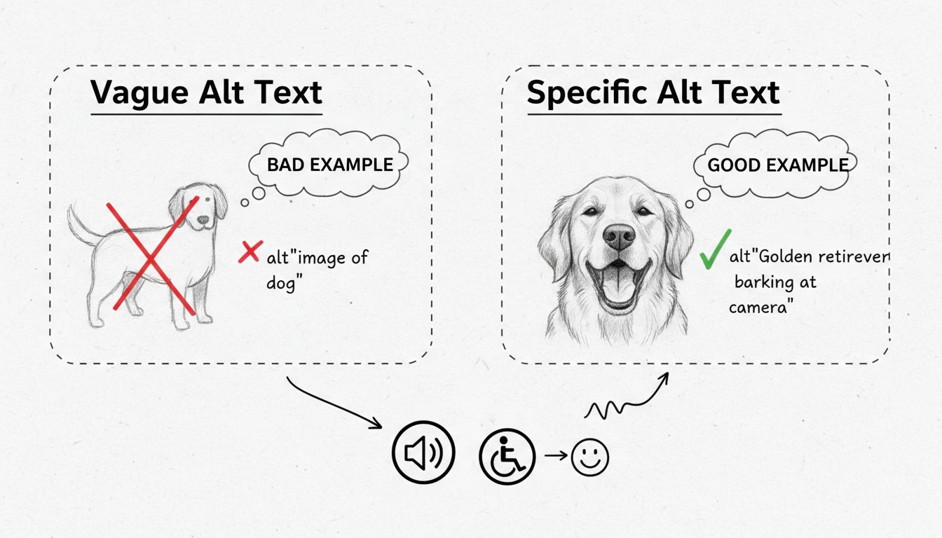 Hand-drawn diagram comparing vague alt text example with specific alt text example, showing best practices for writing alternative text