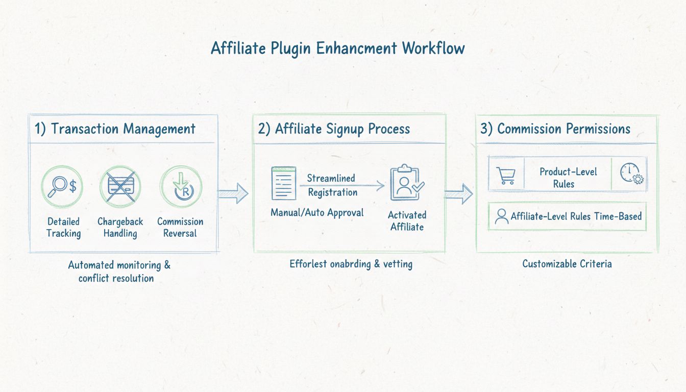 Affiliate plugin enhancement workflow diagram showing transaction management, affiliate signup process, and commission permissions with customizable criteria