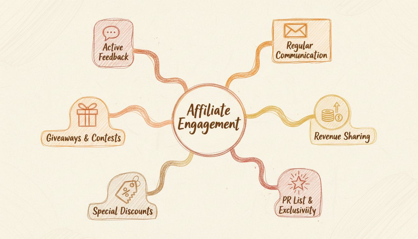 Affiliate engagement strategies diagram showing communication, revenue sharing, PR lists, discounts, giveaways, and feedback