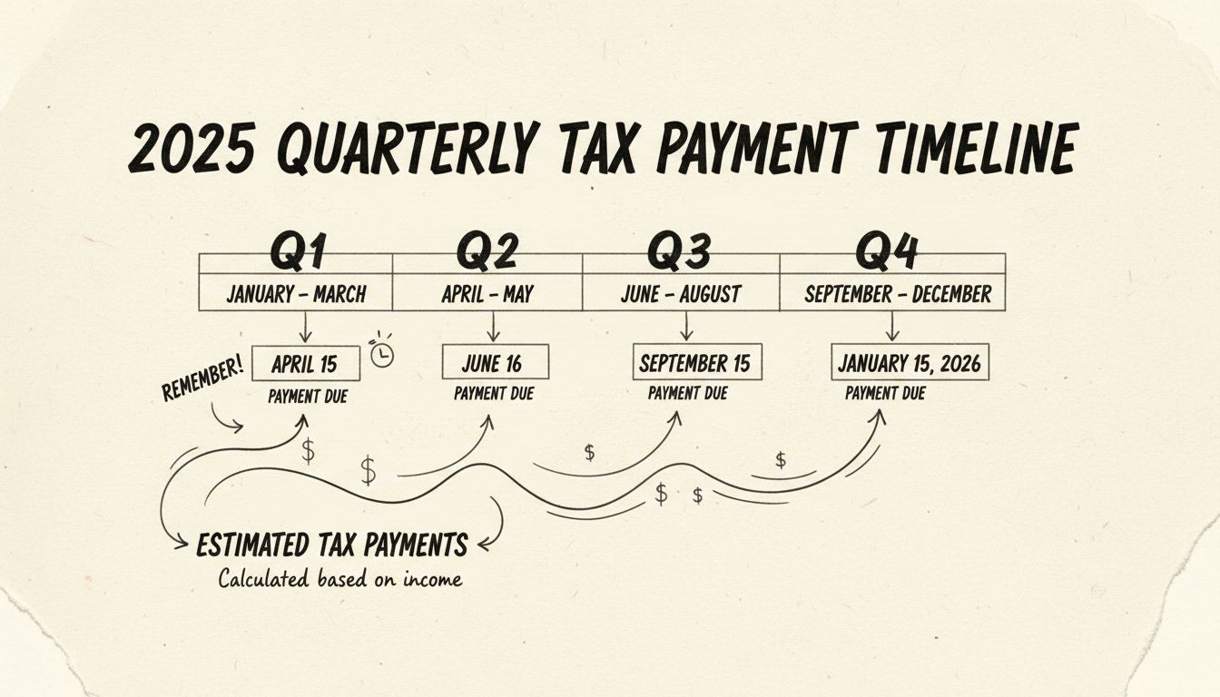 Quarterly tax payment timeline showing 2025 due dates: Q1 April 15, Q2 June 16, Q3 September 15, Q4 January 15