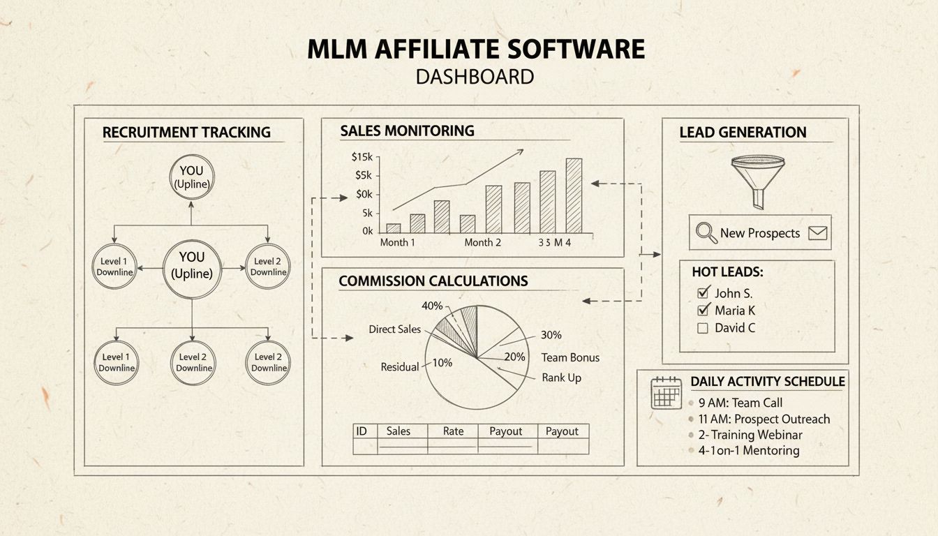 MLM affiliate software dashboard showing recruitment tracking, sales monitoring, commission calculations, and daily activity schedule with network hierarchy