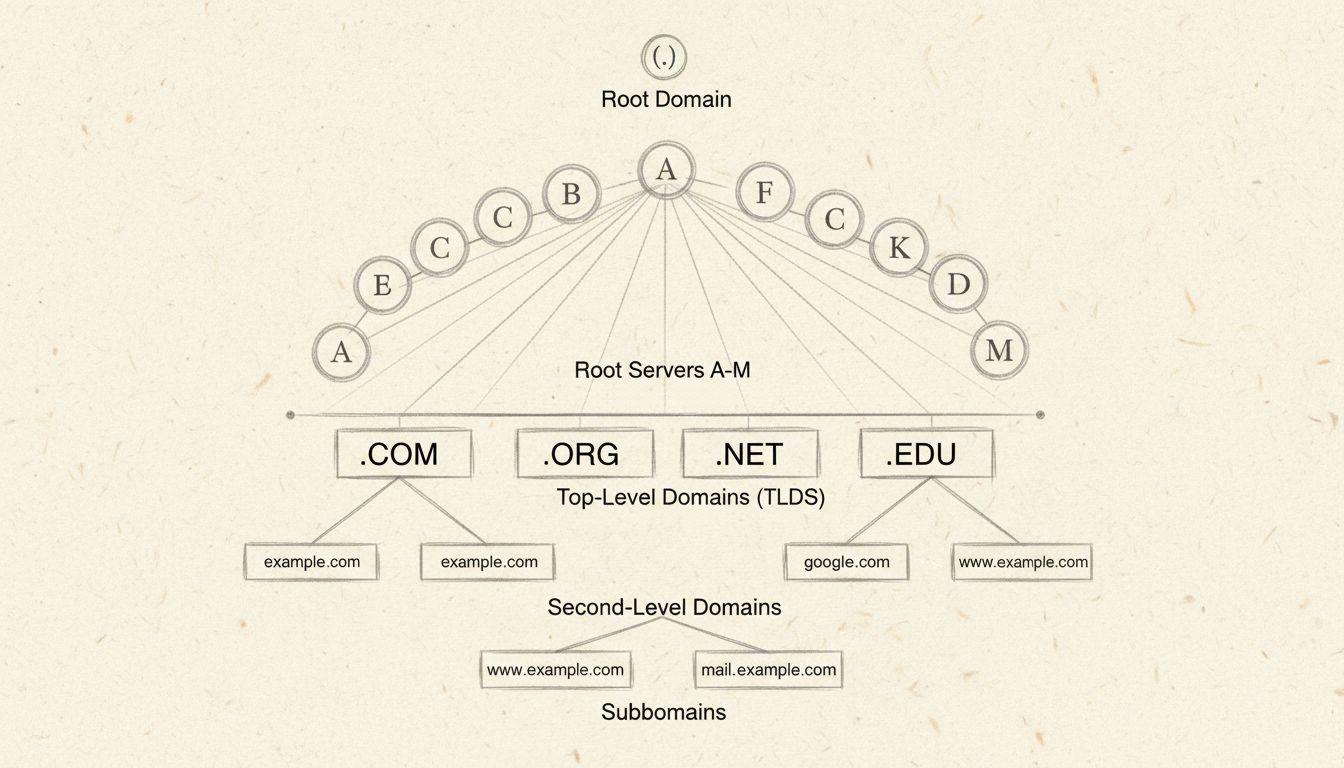DNS Hierarchy Structure showing root domain, 13 root servers, TLDs, second-level domains, and subdomains in a tree structure
