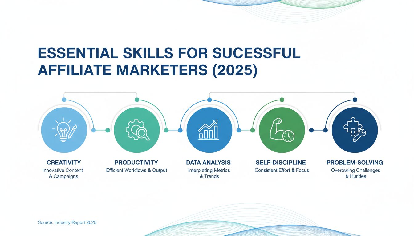 Infographic showing essential skills for affiliate marketers: Creativity, Productivity, Data Analysis, Self-Discipline, and Problem-Solving