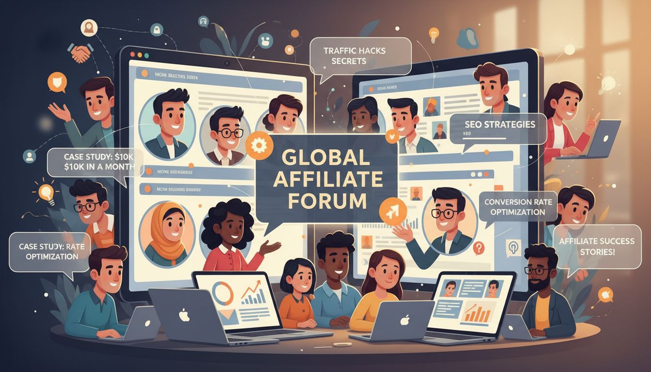 Diverse affiliate marketers collaborating in online forum community, discussing strategies and sharing case studies