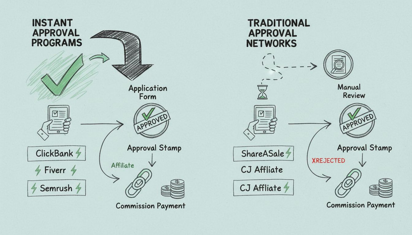 Affiliate marketing approval process flow diagram comparing instant approval vs traditional approval