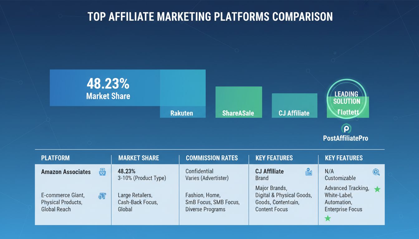 Top affiliate marketing platforms comparison showing market share and features