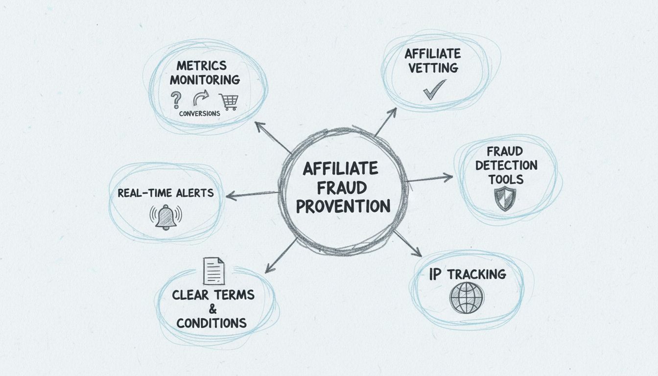 Affiliate fraud prevention strategies diagram showing metrics monitoring, vetting, detection tools, IP tracking, terms and conditions, and real-time alerts