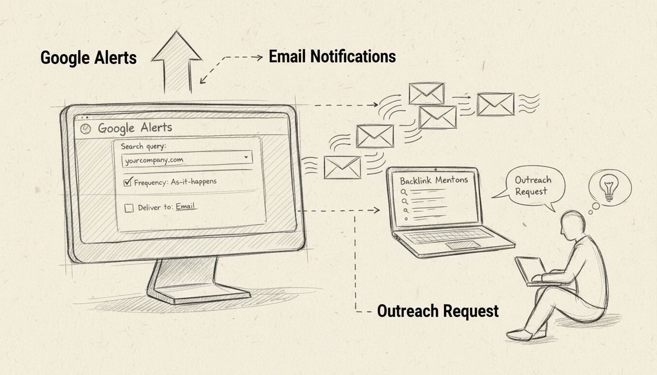 Hand-drawn diagram showing Google Alerts setup with email notifications and backlink opportunity tracking