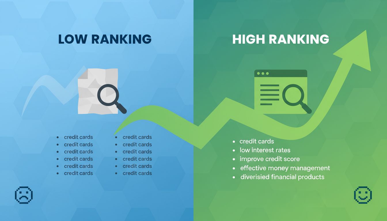SEO ranking improvement comparison showing semantic keyword distribution vs single keyword repetition