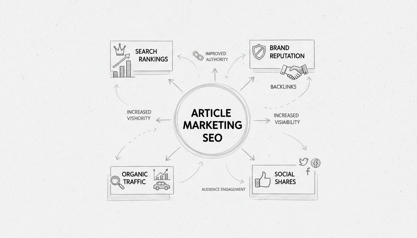 Hand-drawn diagram showing article marketing SEO strategy with central hub connecting to backlinks, brand reputation, social shares, organic traffic, and search rankings