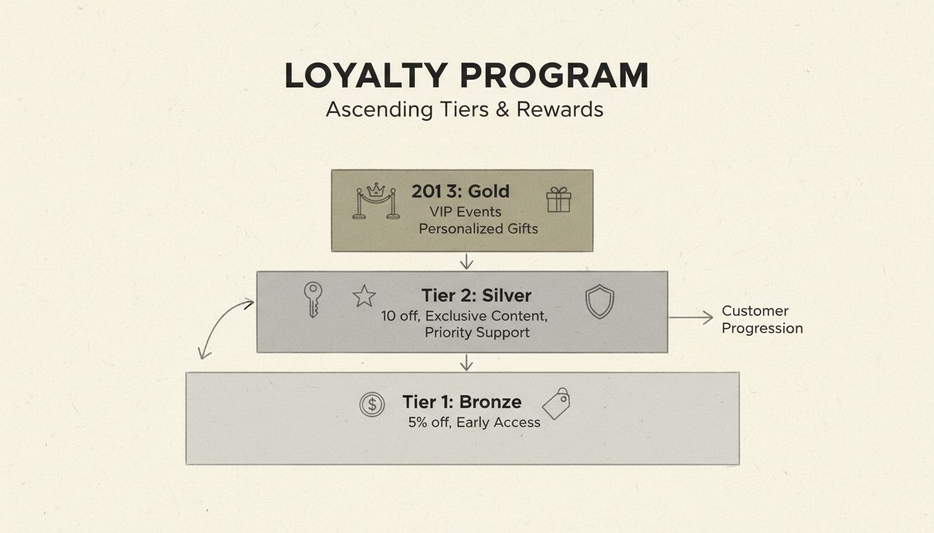 Tiered loyalty program structure diagram showing Bronze, Silver, and Gold tiers with increasing rewards and benefits