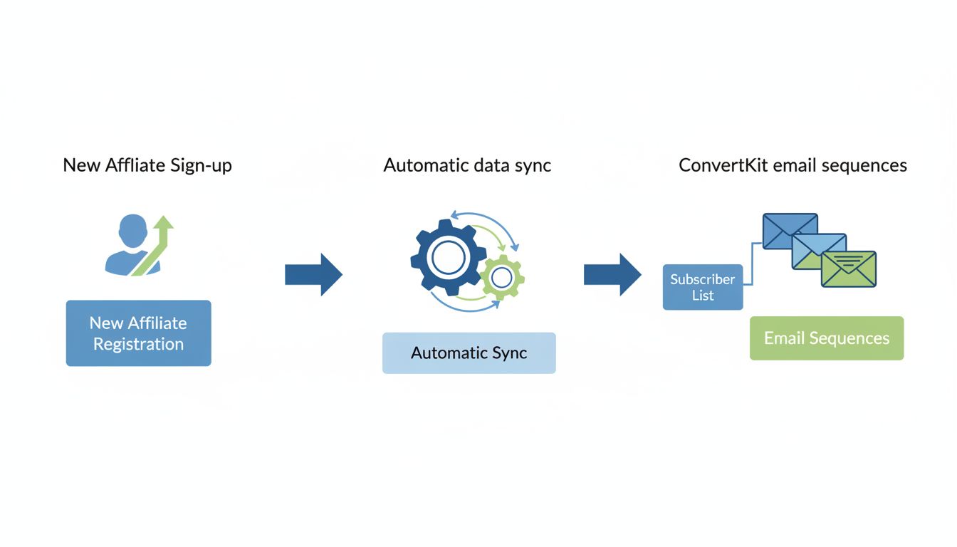 ConvertKit integration workflow showing automatic affiliate registration, data synchronization, and email sequence automation