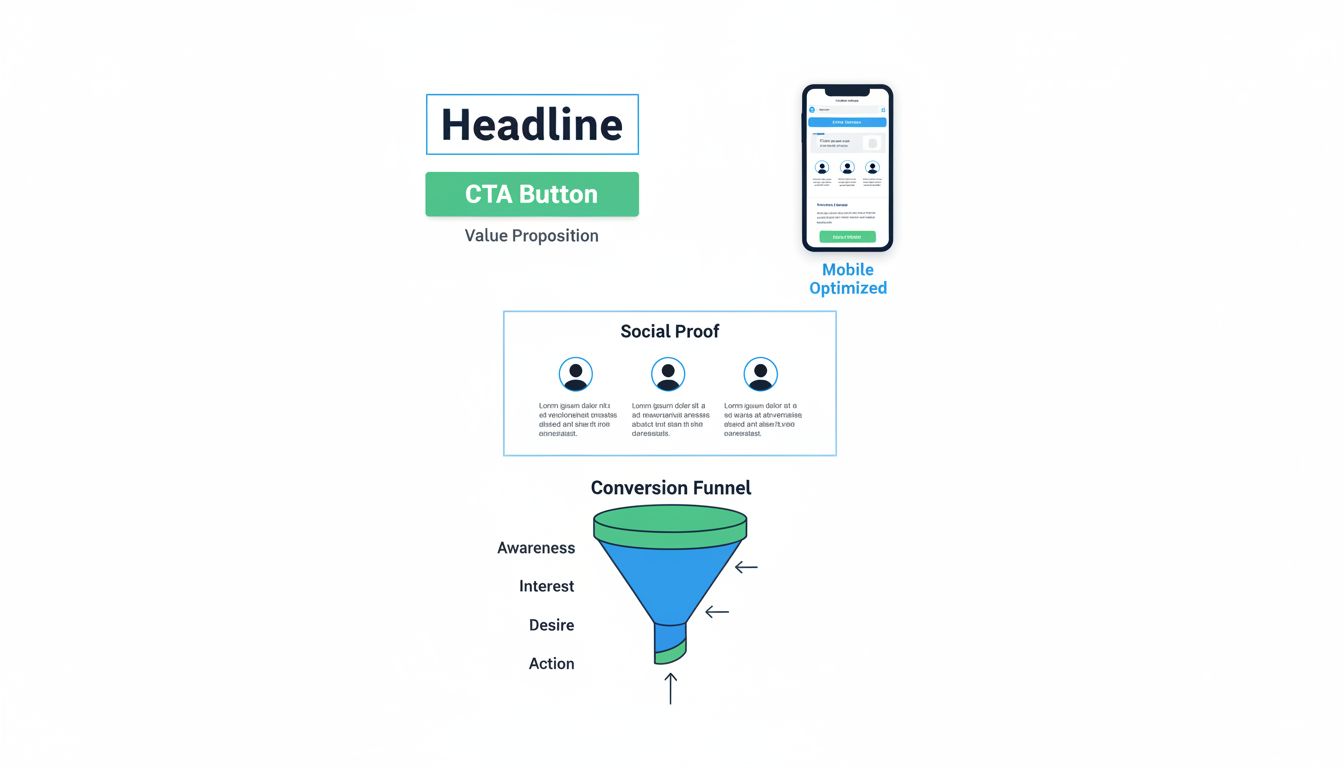 Landing page optimization infographic showing key elements: headline, CTA button, social proof, value proposition, and mobile-responsive design