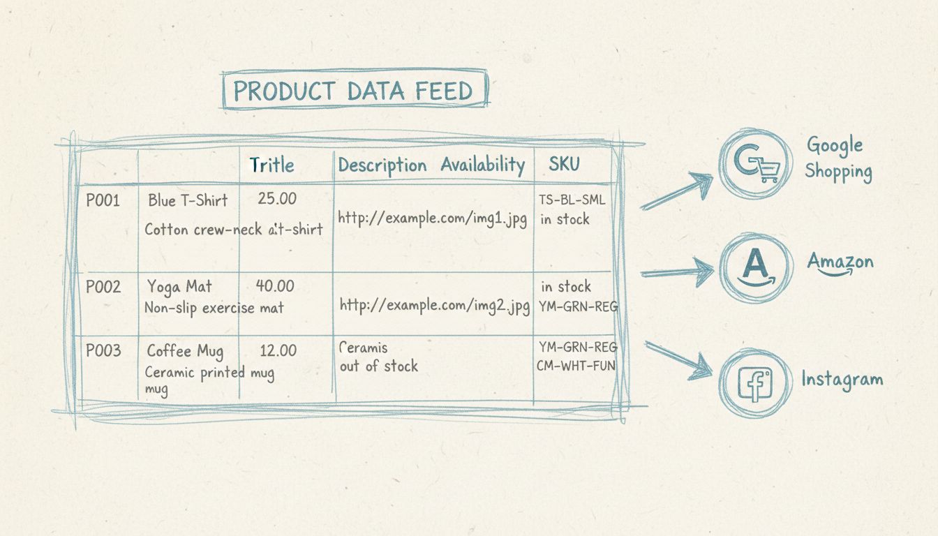 Product feed structure diagram showing spreadsheet with product data flowing to multiple platforms