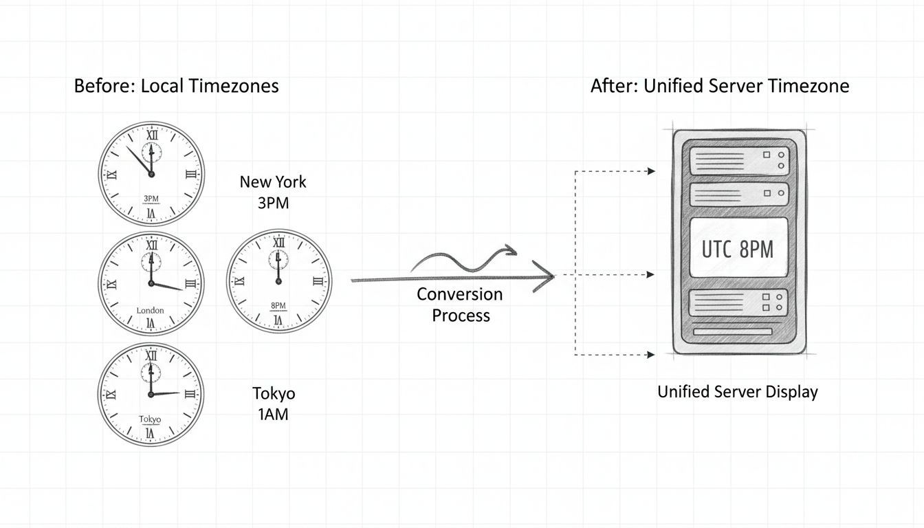 Timezone unification diagram showing multiple local timezones being converted to unified server timezone