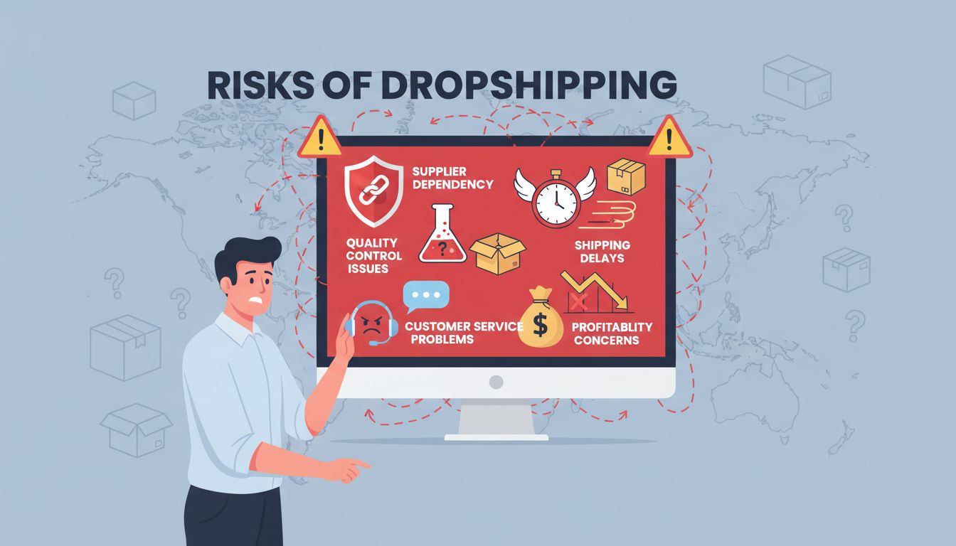 Infographic showing dropshipping risks including supplier dependency, quality control issues, shipping delays, customer service problems, and profitability concerns