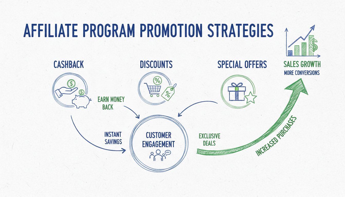 Affiliate program promotion strategies showing cashback, discounts, and special offers with engagement flow and sales growth indicators