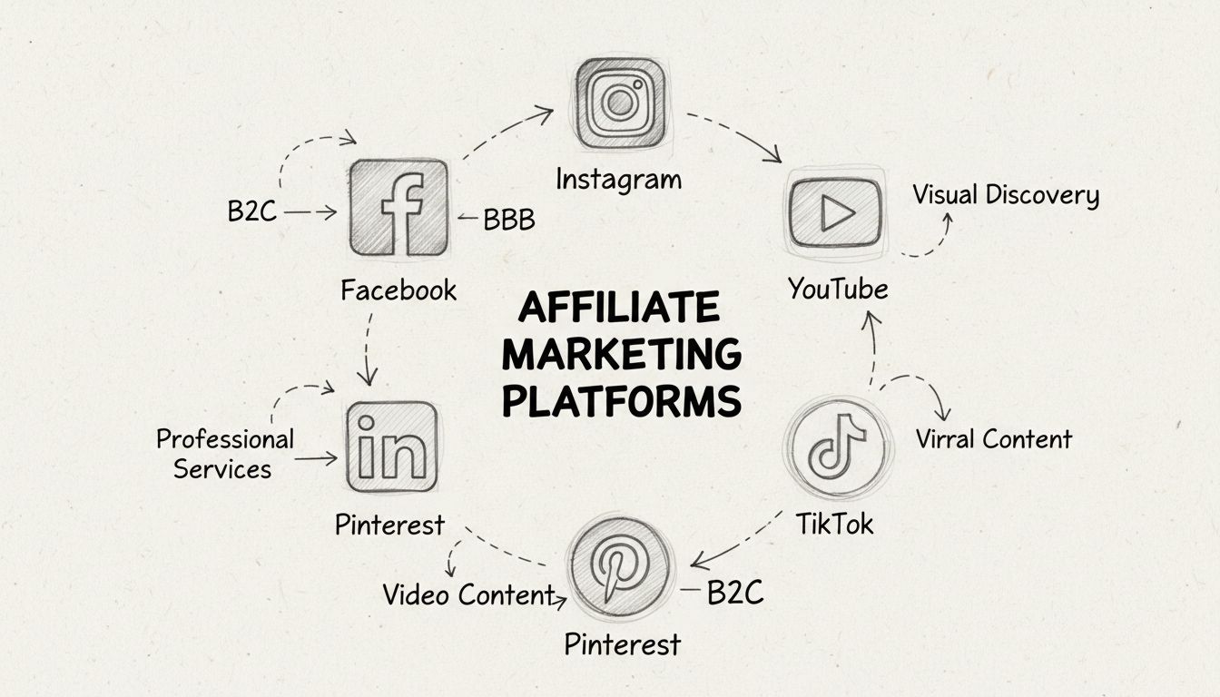 Hand-drawn diagram showing social media platforms for affiliate marketing with icons for Facebook, Instagram, YouTube, Pinterest, LinkedIn, and TikTok arranged in circular pattern with use case labels