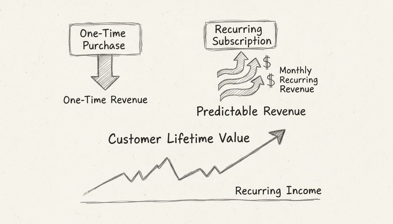 Subscription revenue model comparison showing recurring monthly revenue versus one-time purchases with predictable income growth