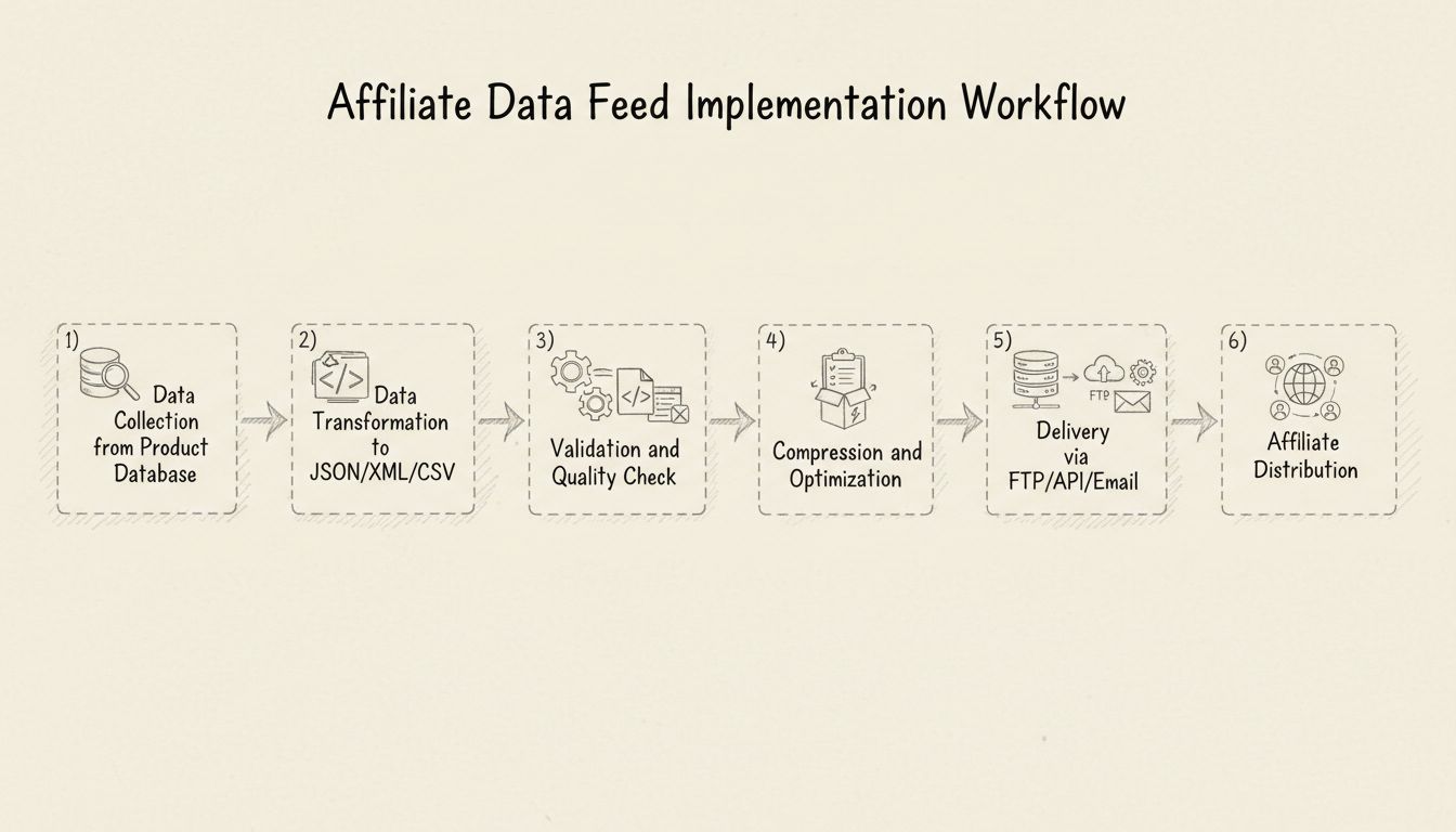 Affiliate data feed implementation workflow diagram showing data collection, transformation, validation, compression, delivery, and distribution stages