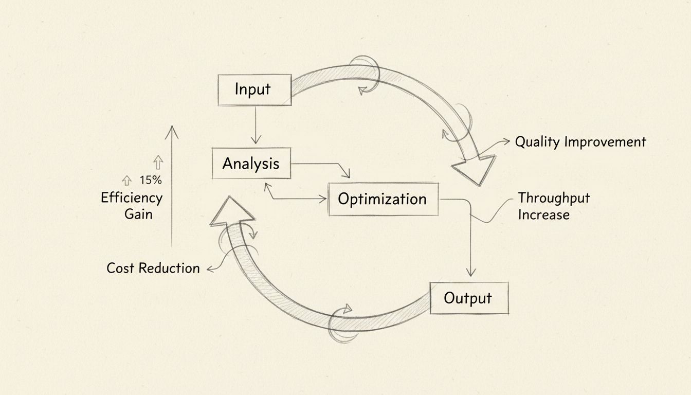 Optimization process flow diagram showing input analysis, optimization cycles, and improved results with upward trending arrow