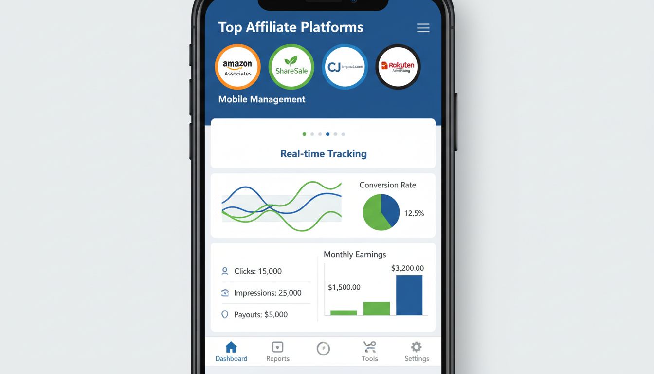Mobile affiliate marketing tools and platforms dashboard showing top affiliate networks and analytics